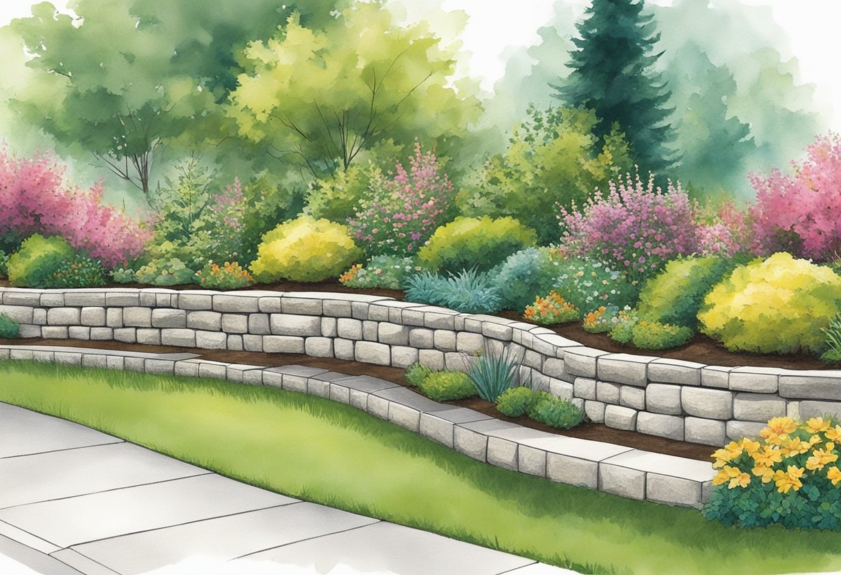 A retaining wall curves gracefully, blending form and function in a landscaped garden. Its sturdy structure supports the earth, while adding visual appeal to the outdoor space