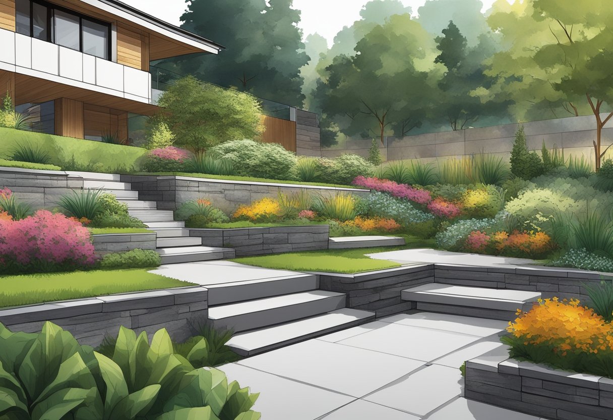 A retaining wall blends seamlessly into a landscaped garden, providing both structural support and visual appeal. The wall's clean lines and natural materials complement the surrounding greenery