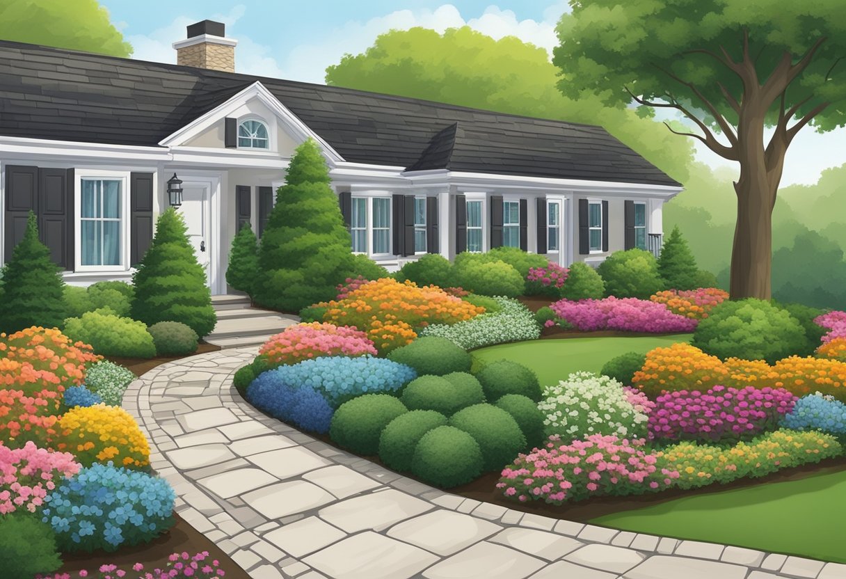 A well-manicured front yard with colorful flower beds, neatly trimmed hedges, and a winding stone pathway leading to the front door. A variety of trees and shrubs add depth and texture to the landscape