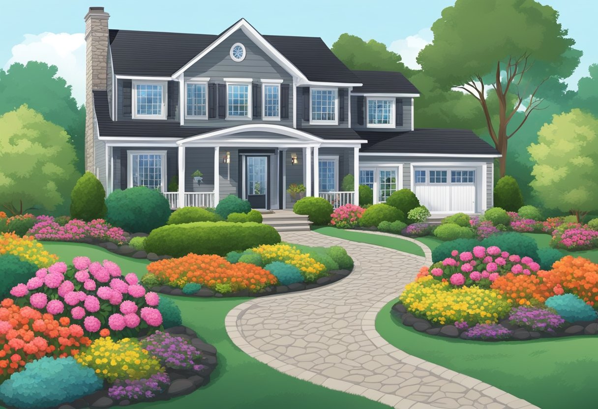 A well-manicured front yard with vibrant flowers, trimmed hedges, and neatly mulched beds. A winding stone pathway leads to a welcoming front door