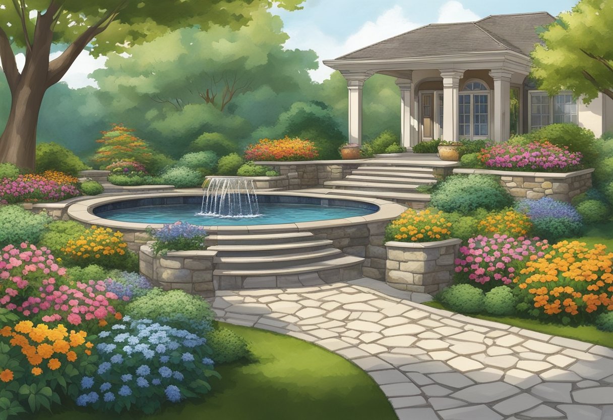 A well-designed hardscape featuring a variety of stone pathways, decorative walls, and carefully placed planters. The focal point is a stunning water feature, surrounded by lush greenery and colorful flowers