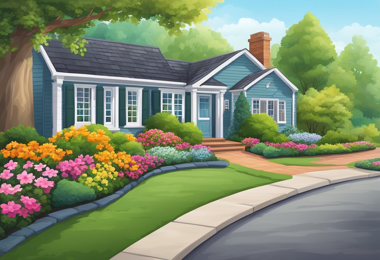A well-manicured front yard with vibrant flowers, trimmed hedges, and a neatly paved walkway leading to the front door of a charming home