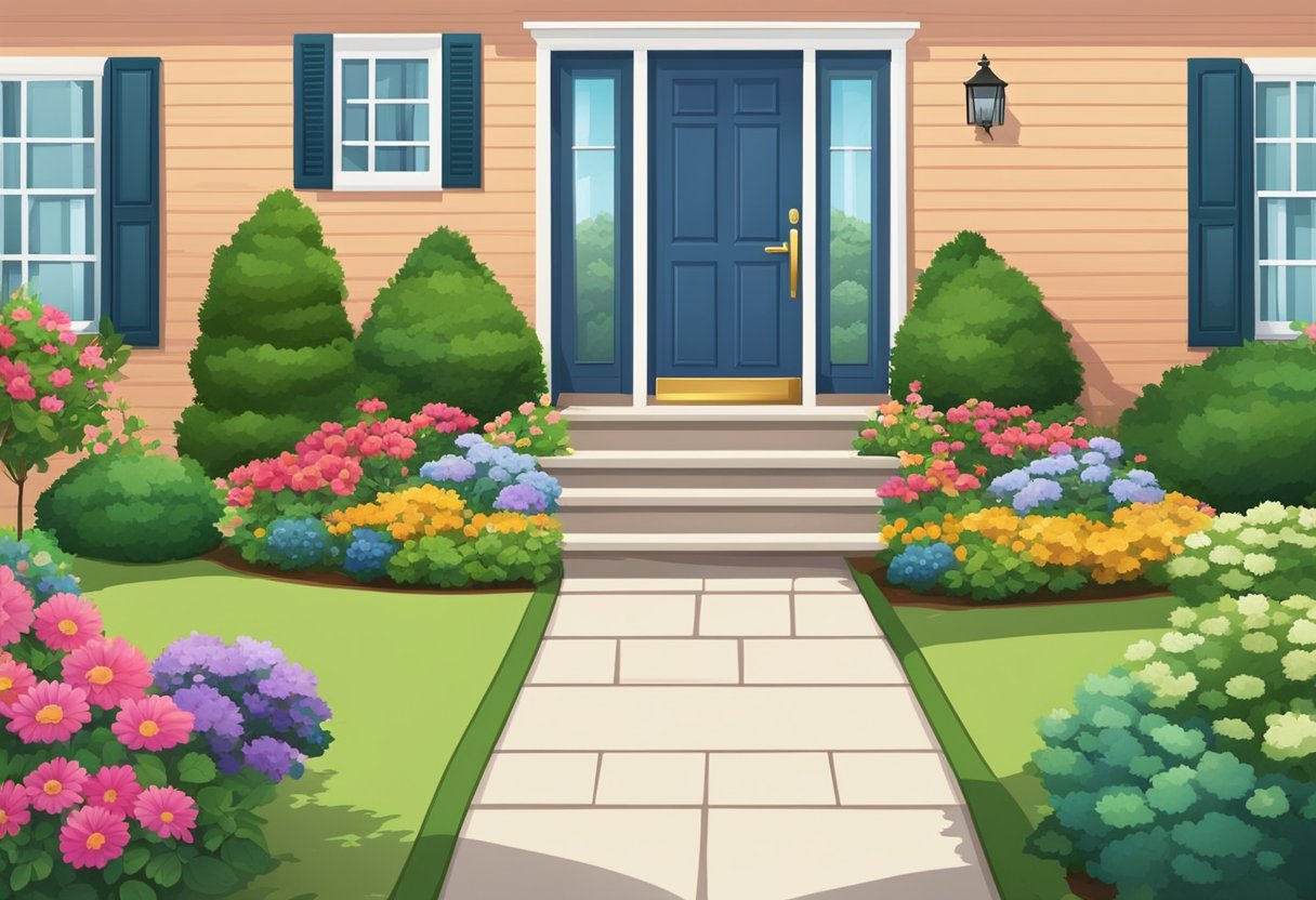 A well-maintained front yard with colorful flowers, trimmed hedges, and neatly manicured lawn. A pathway leading to the front door with welcoming potted plants and a clean, clutter-free entrance area