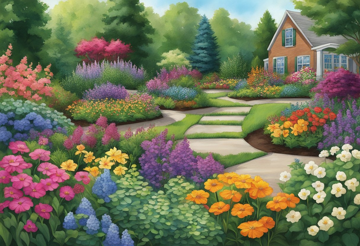 Lush garden beds bursting with vibrant annuals and perennials in full bloom, showcasing a variety of colors and textures for year-round beauty in Ohio