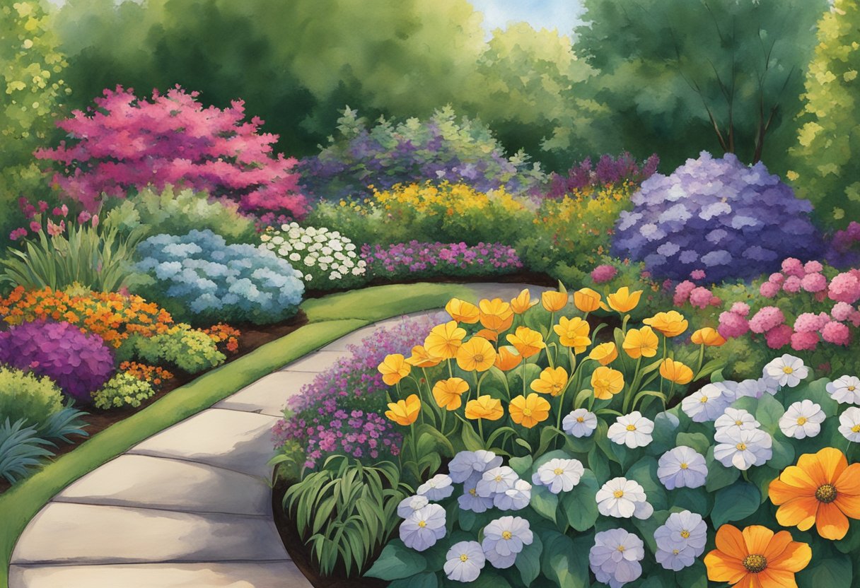 A garden filled with a variety of blooming annuals and perennials, showcasing a range of vibrant colors and textures throughout the changing seasons in Ohio
