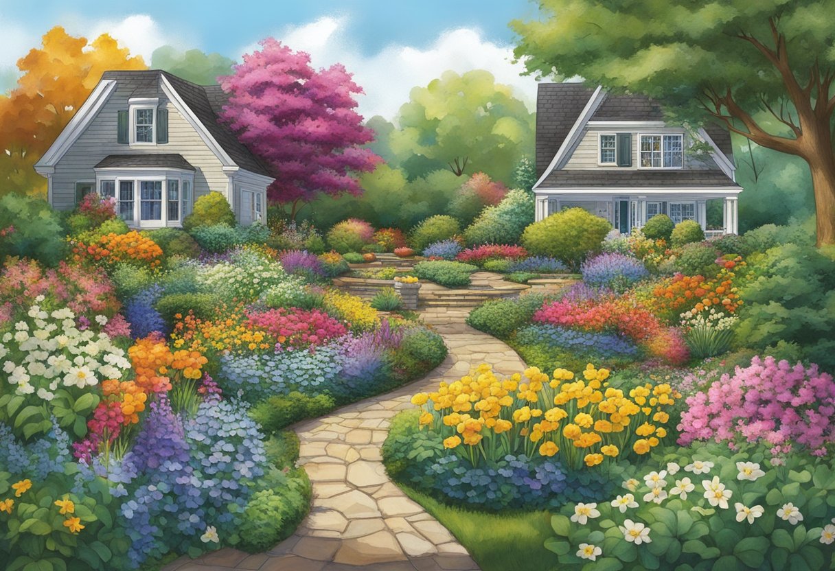 A lush garden bursting with vibrant annual and perennial flowers, showcasing a diverse range of colors and textures throughout the seasons in Ohio