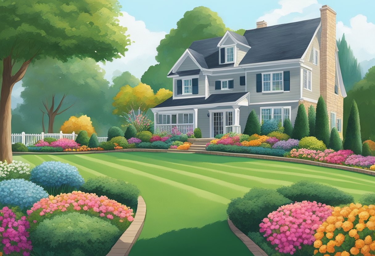 A neatly manicured lawn with vibrant flowers and expertly trimmed hedges. A homeowner watches as a professional landscaper from Kents Fine Cuts works on the yard