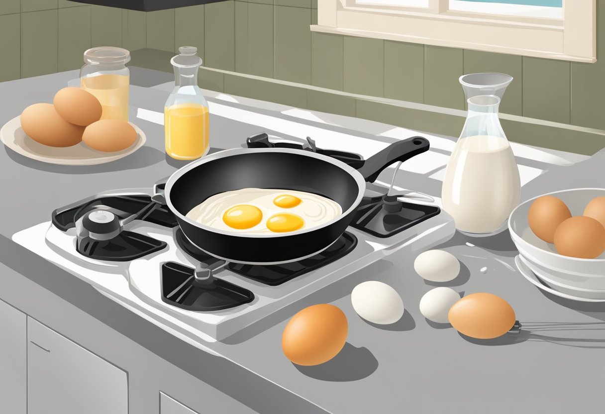 A bowl of flour, eggs, milk, and a whisk on a kitchen counter. A pan heating on a stove, ready to pour the pancake batter