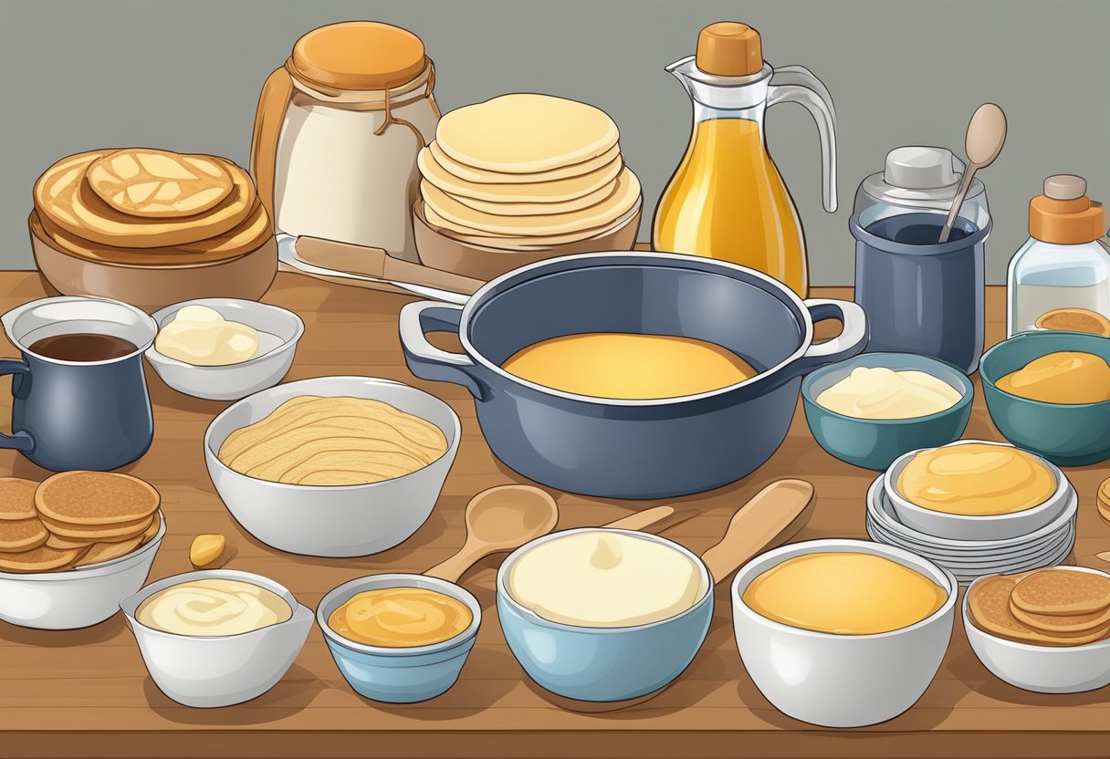 Ingredients and utensils laid out for making pancakes