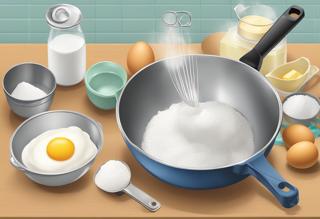 A mixing bowl, whisk, measuring cups, flour, eggs, milk, butter, and a frying pan on a kitchen counter