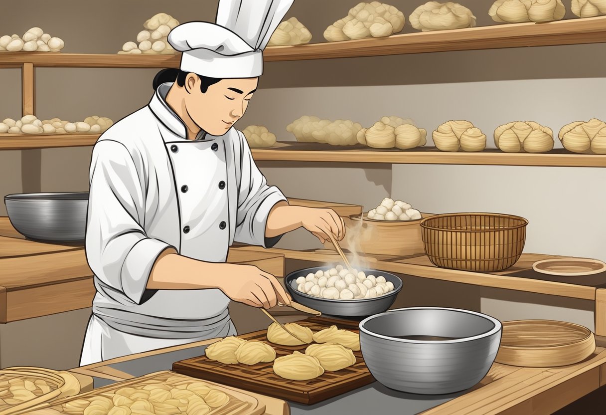 A chef preparing dimsum ingredients, mixing and shaping dough, filling and folding dumplings, and steaming them in bamboo baskets