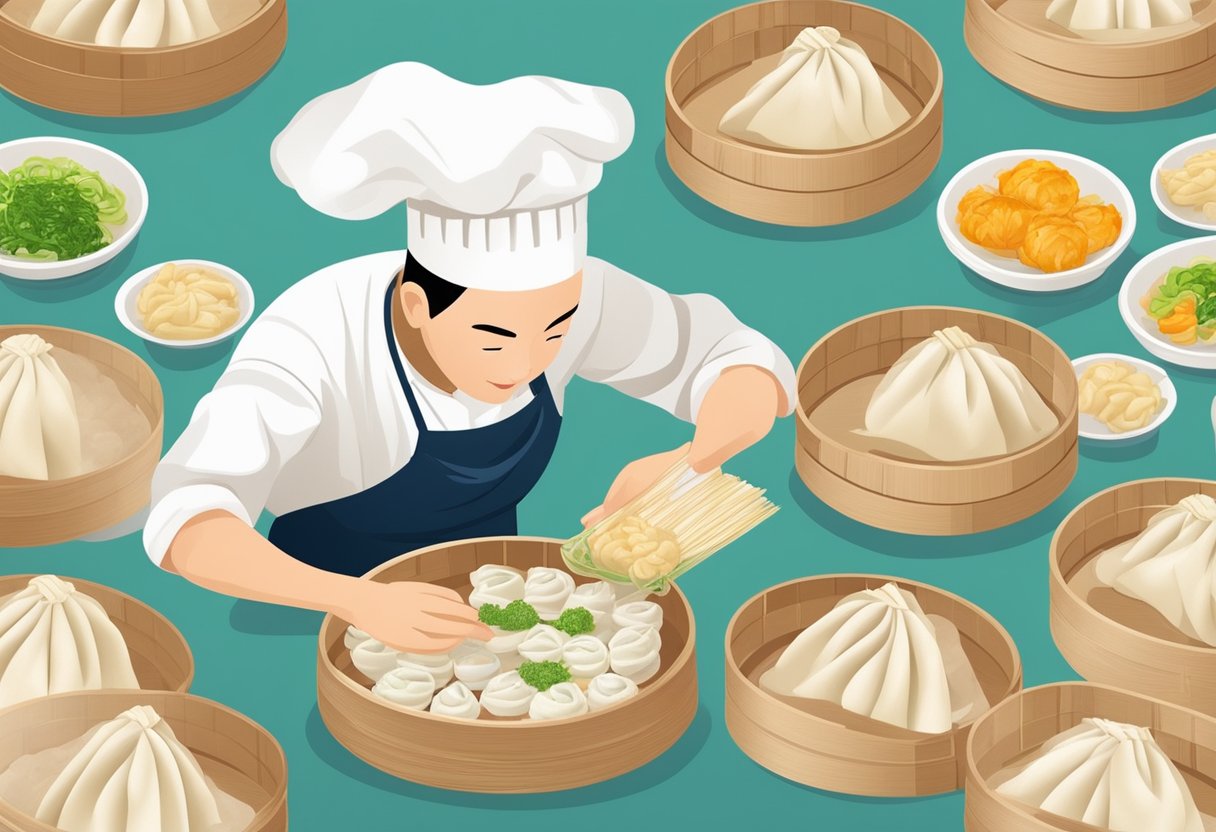 A chef carefully folds and pinches dumpling wrappers around a savory filling, creating a batch of delicious dim sum