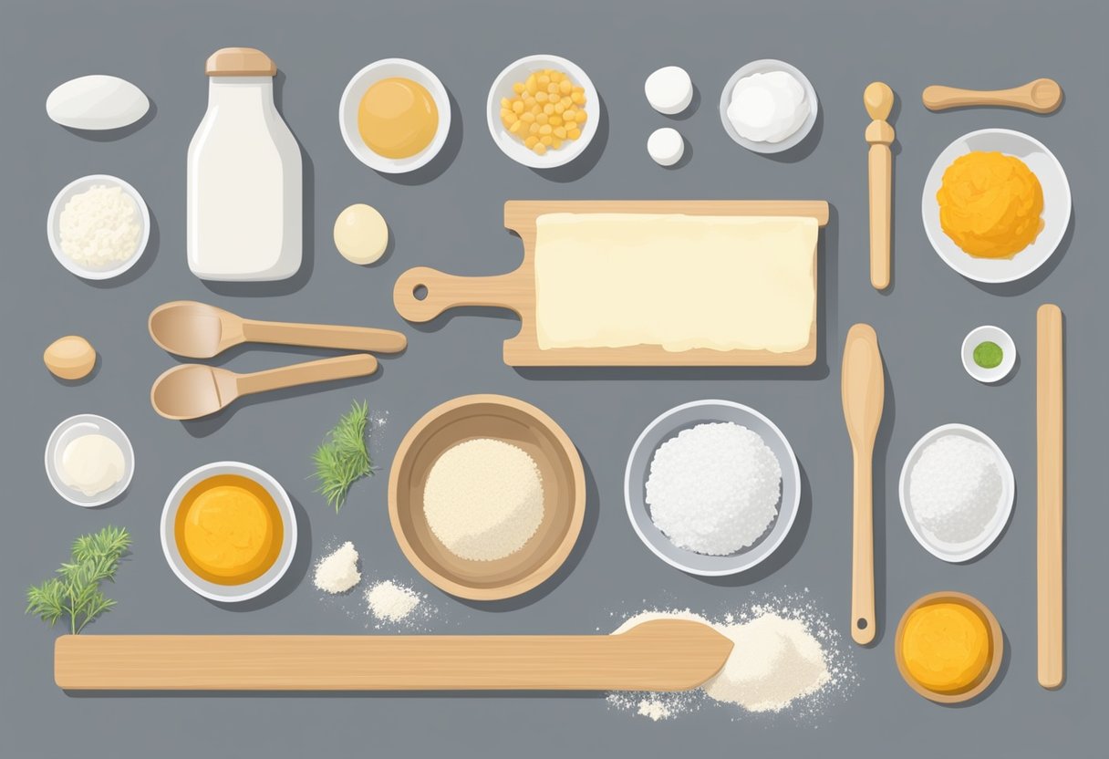 Ingredients and tools arranged on a clean, organized kitchen counter for making dimsum dough. Mixing bowl, flour, water, and a rolling pin laid out