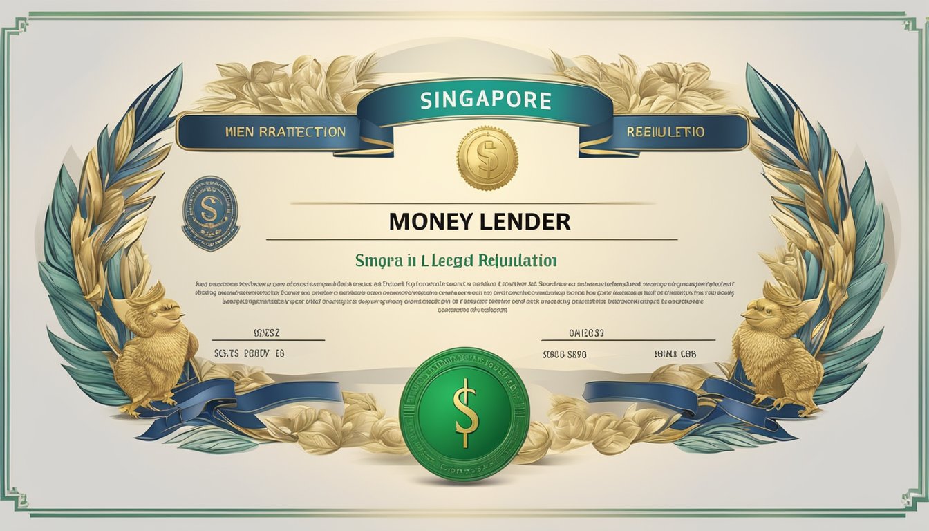 A money lender license in Singapore is depicted with a shield emblem and official government seal, symbolizing legal protection and regulation