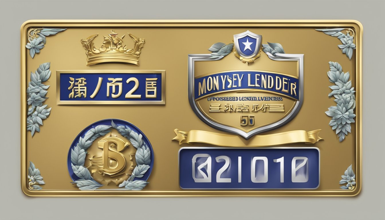 A sign displaying "Licensed Moneylender" with a Singapore license number. A shield emblem indicating protection