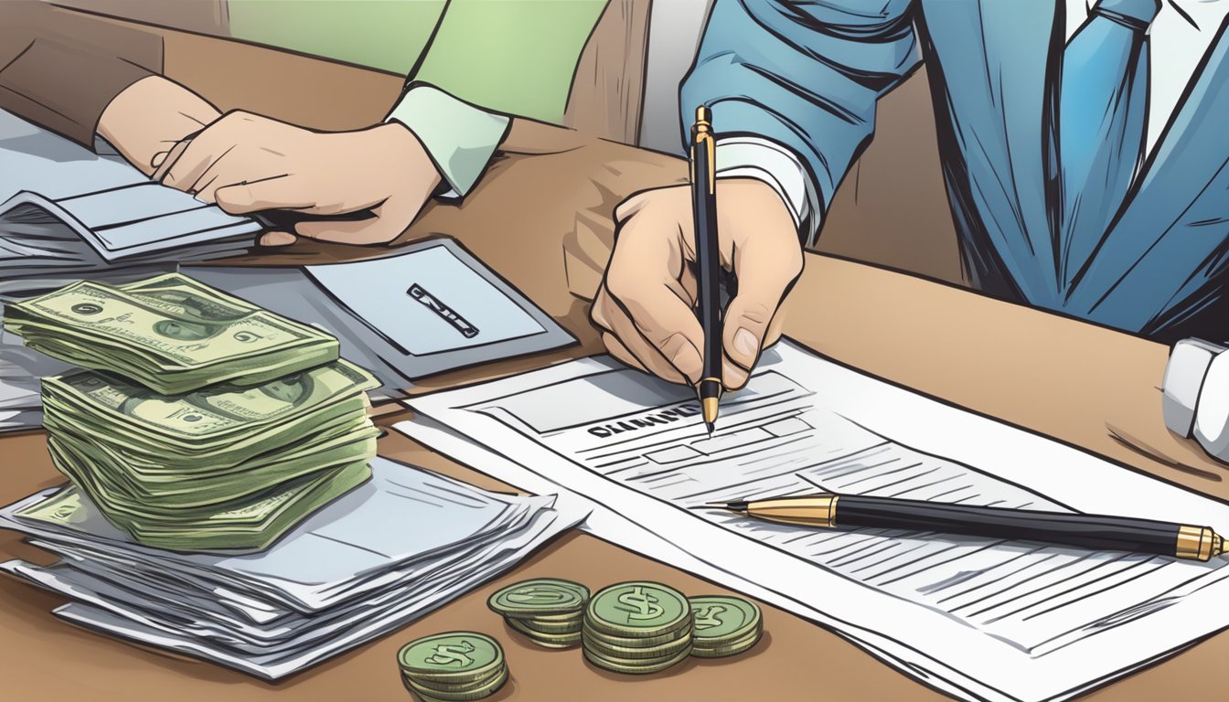 A person signing a loan agreement with a money lender, while the license is prominently displayed on the wall, symbolizing legal protection