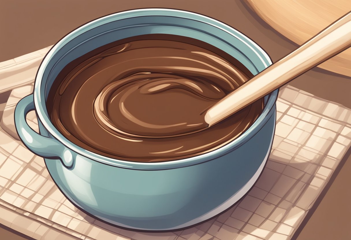 A bowl of chocolate pudding mix being stirred into a pot of warm milk, creating a smooth and creamy texture