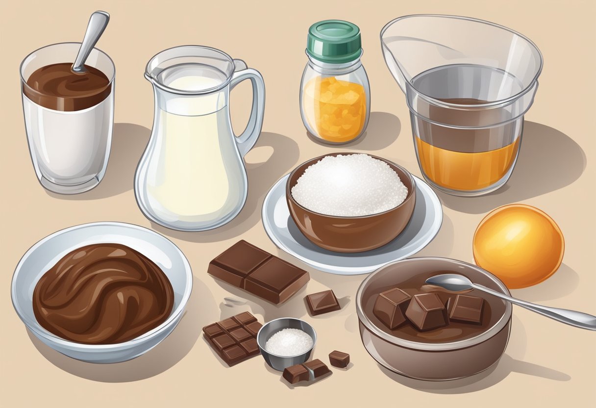 A table with ingredients: milk, chocolate, sugar, and gelatin. A bowl, a whisk, and a saucepan on the table