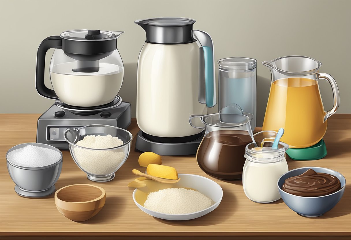 A table with ingredients (milk, chocolate, gelatin), mixing bowls, measuring cups, and a stove