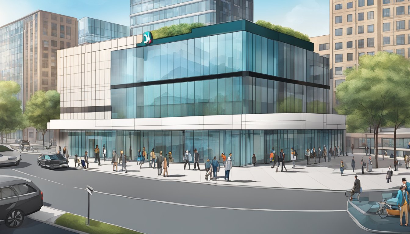 A modern, sleek bank building with the BNI logo prominently displayed. The surrounding area is bustling with people and traffic