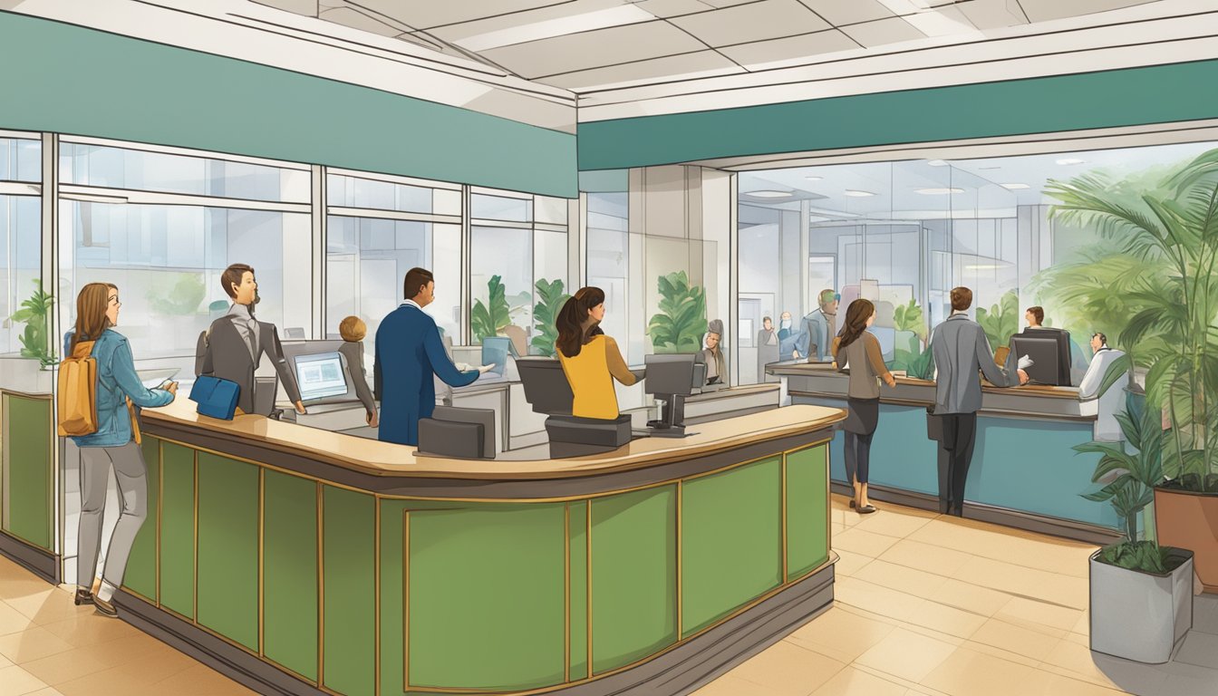 A bustling bank lobby with customers at teller windows, a receptionist greeting visitors, and signs displaying "Frequently Asked Questions" around the room