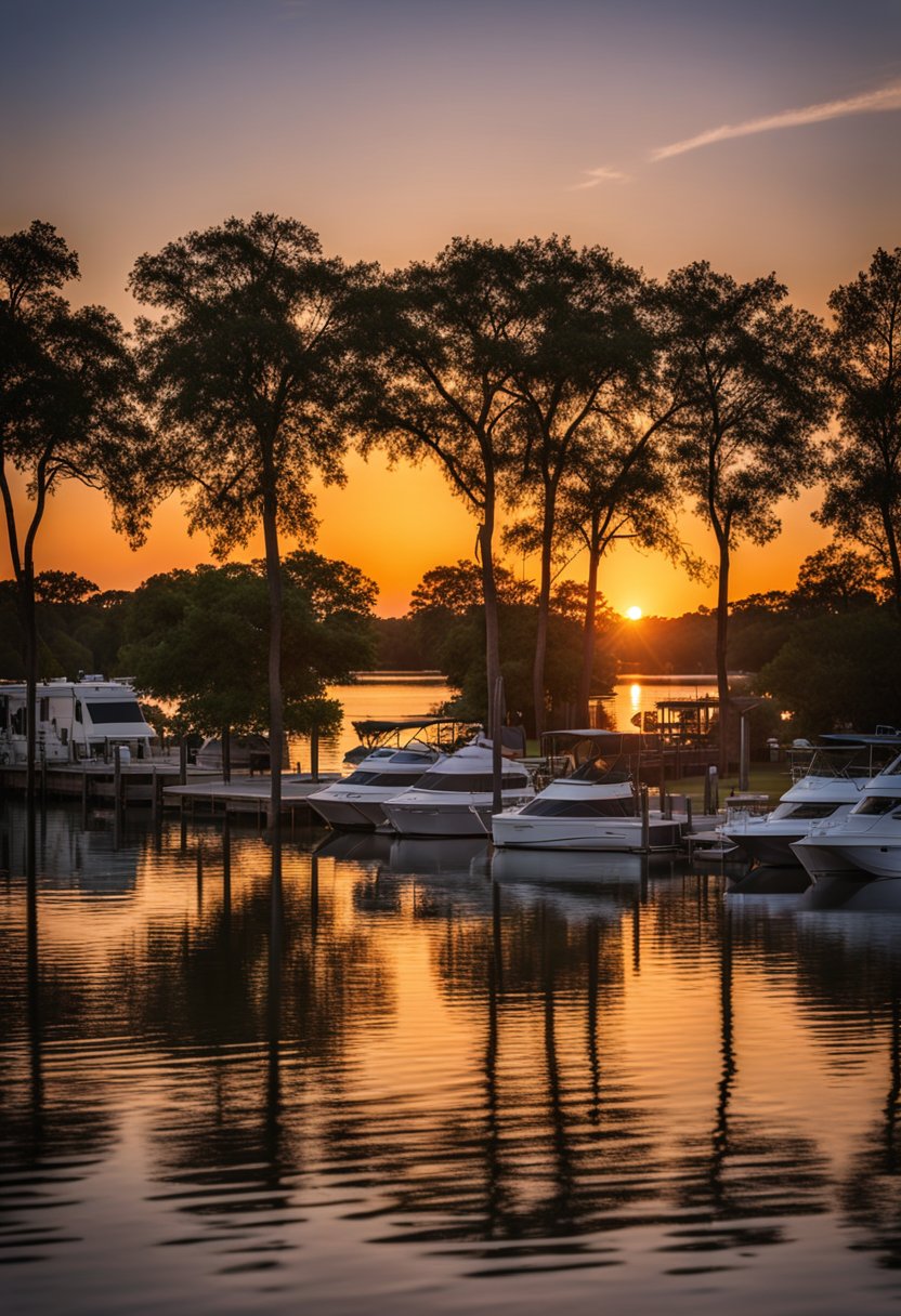 The sun sets over Lake Waco Marina, casting a warm glow on the RV campground nestled along the waterfront. Boats bob gently in the calm waters, and the surrounding trees provide a serene backdrop