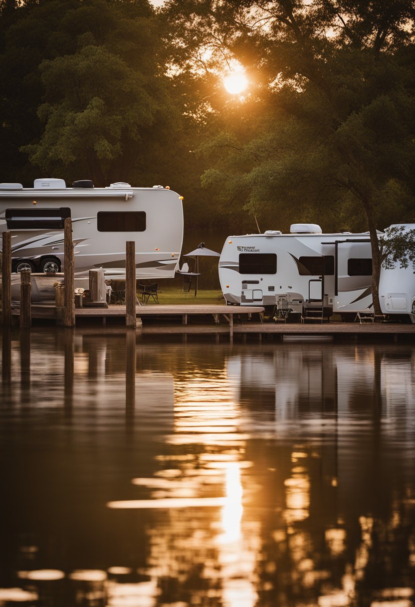 The sun sets over North Crest RV Park, casting a warm glow on the tranquil waterfront view in Waco. RVs are parked along the shore, with lush greenery and calm waters in the background