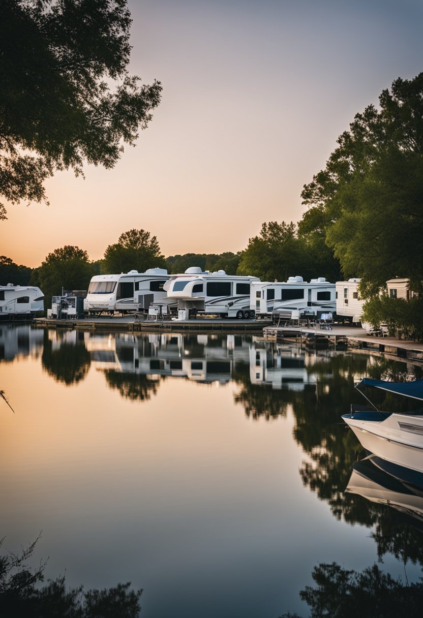 A serene waterfront view at Patriot RV Park in Waco, with RVs parked along the shore and a peaceful atmosphere