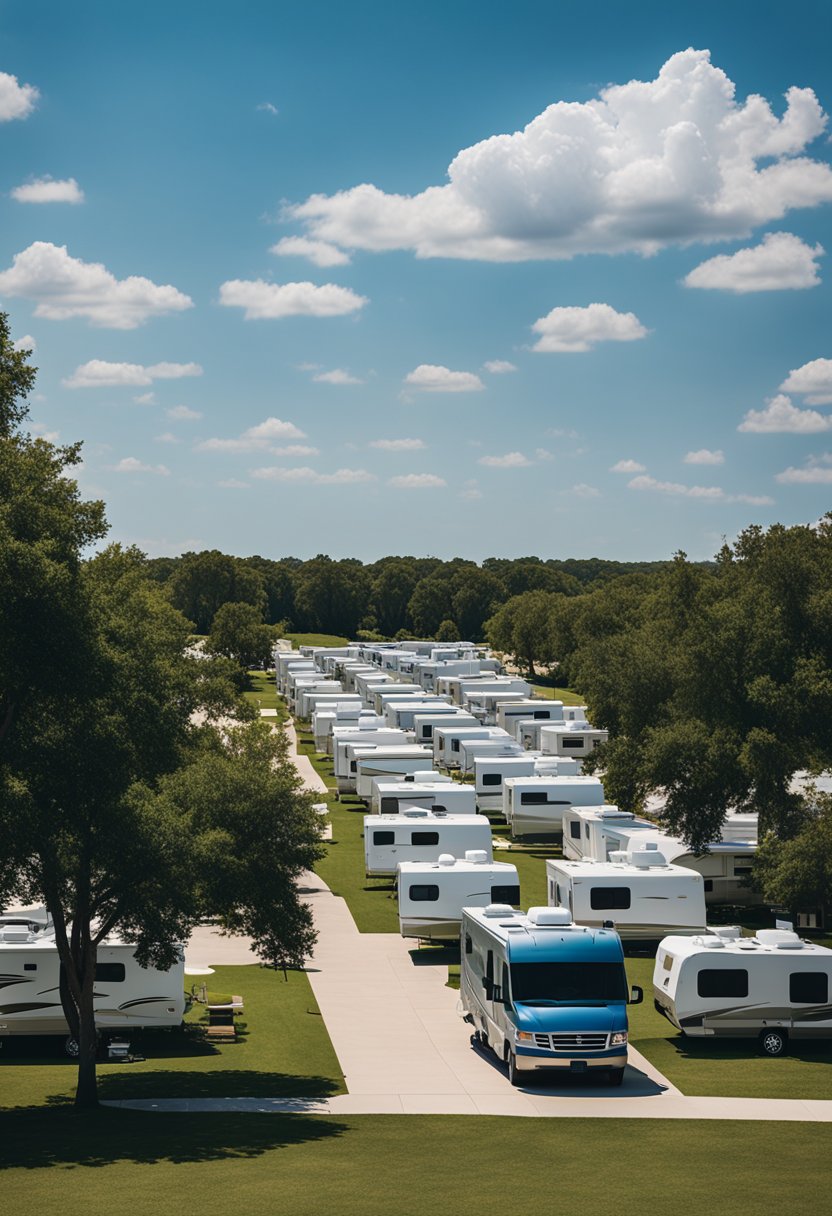 The Blue Sky I-35 RV Park and Campground in Waco overlooks a serene waterfront, with RVs parked in neatly organized rows under a clear blue sky