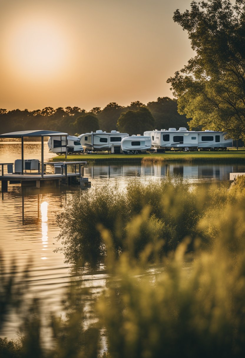 A serene waterfront scene at Concord RV Parks in Waco, with RVs parked along the shore and a peaceful view of the water