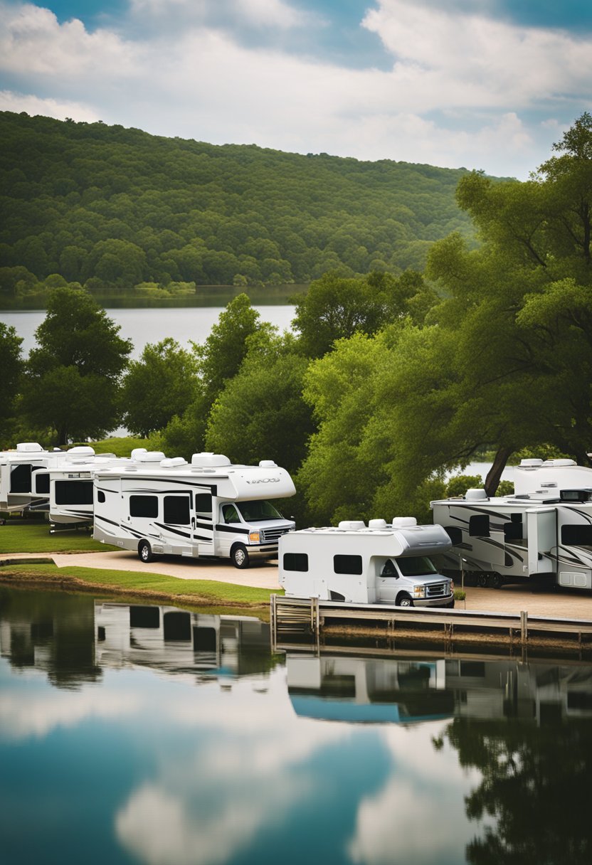 The Waco RV Resort overlooks a serene waterfront, with RVs parked along the shore and lush greenery in the background
