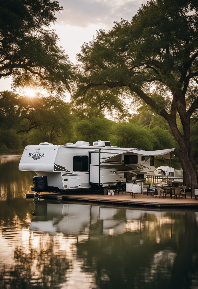 Brazos River RV Park in Waco, with a waterfront view, features RVs parked along the riverbank, surrounded by lush greenery and calm waters