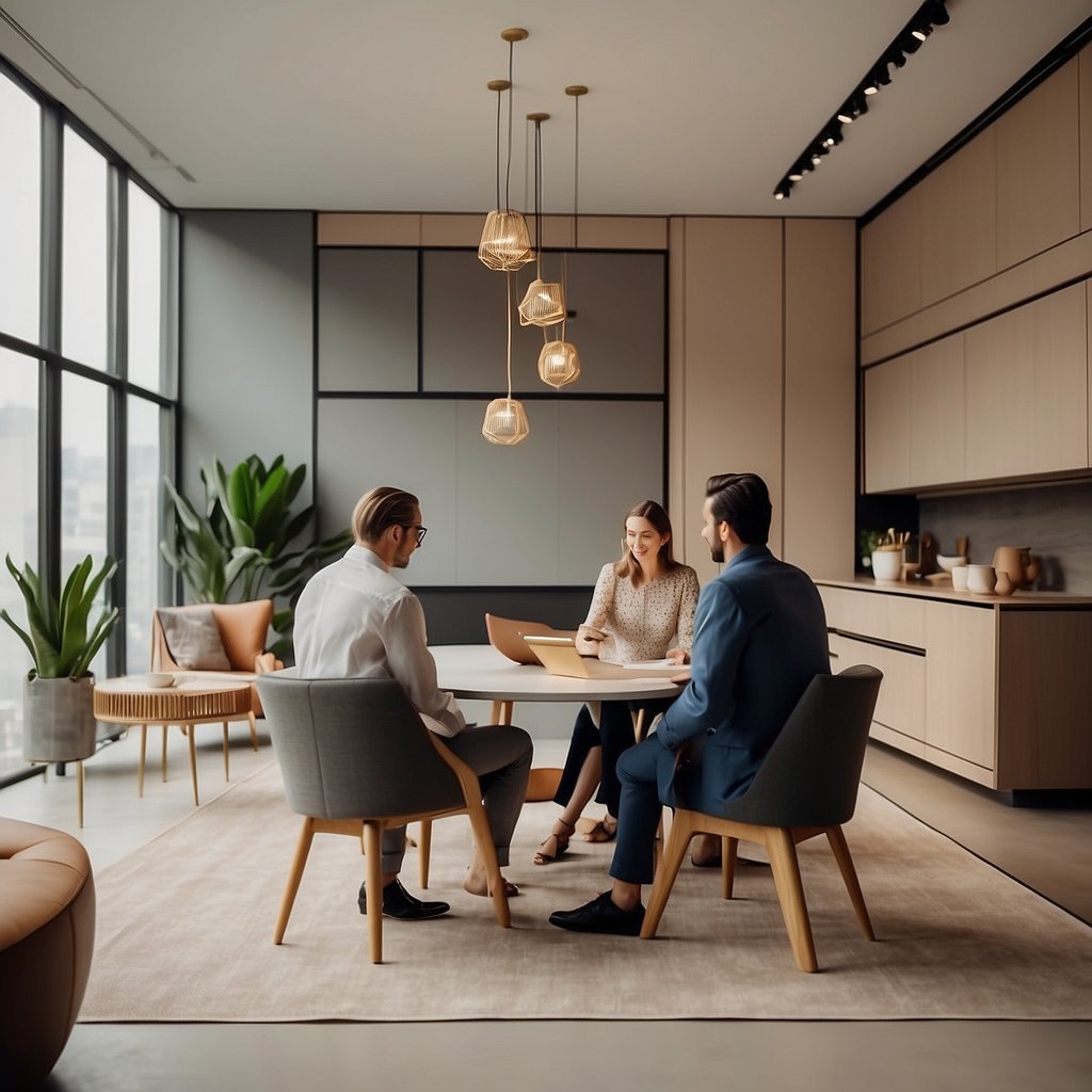 A well-lit room with modern furniture and stylish decor. A team of interior designers discussing plans and sketches. A satisfied client admiring the finished space