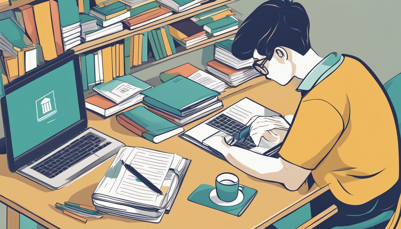 A student sits at a desk, surrounded by books and a laptop. They are researching education loans from a money lender in Singapore for local or overseas academics