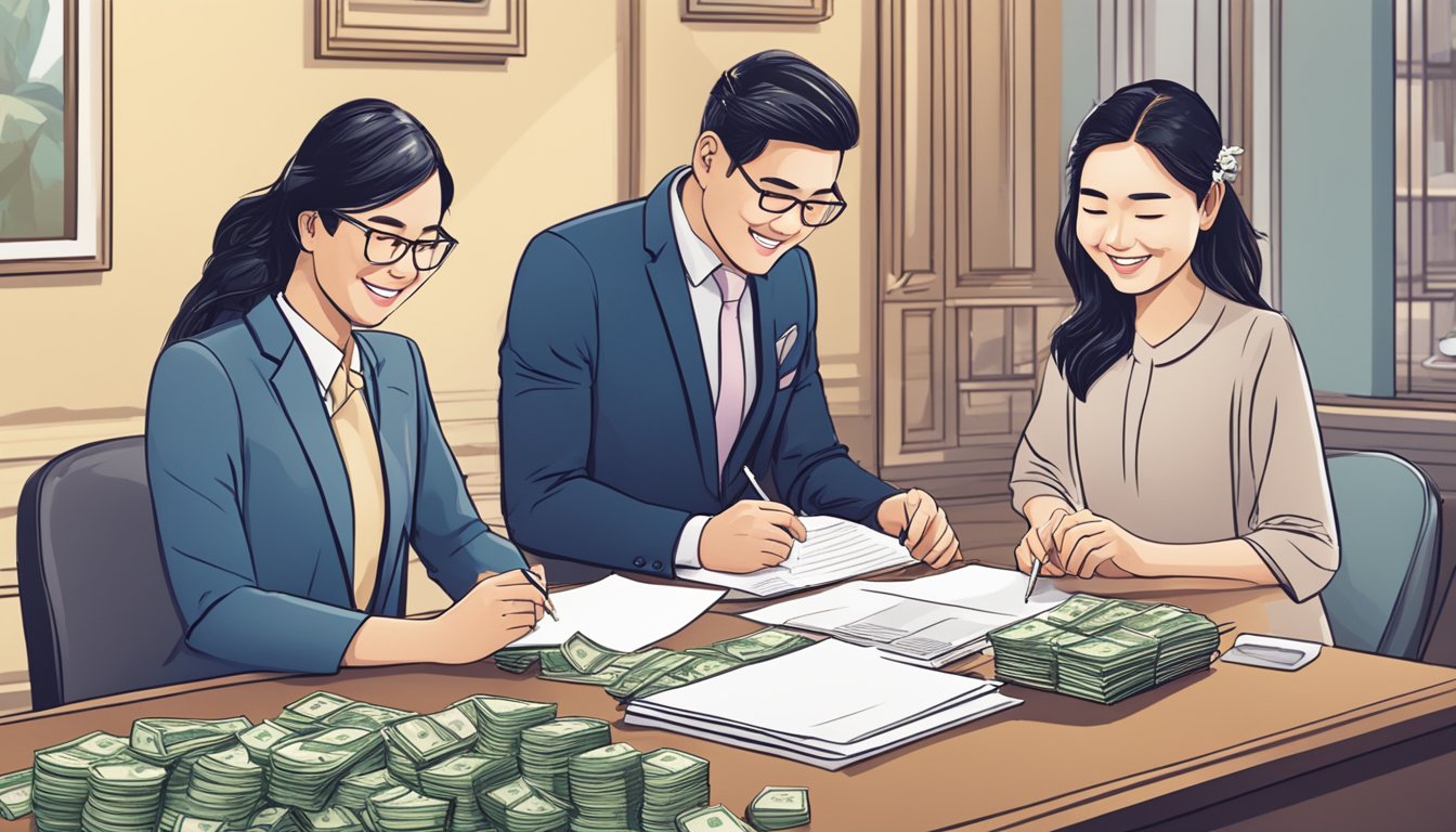 A couple sits at a desk with a money lender in Singapore, signing paperwork for a wedding loan. The lender counts out cash while the couple looks relieved