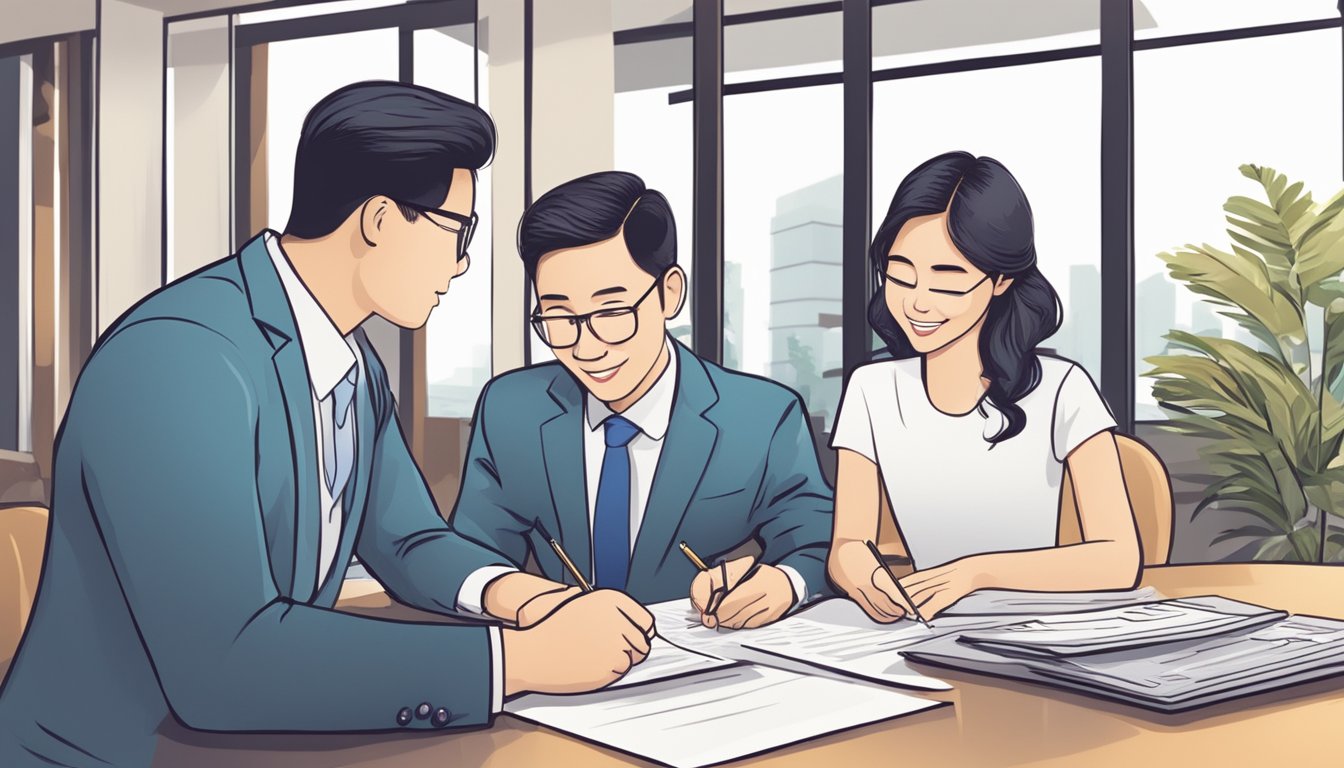 A couple signing a loan agreement with a money lender in Singapore for their wedding expenses. The lender explaining terms and conditions