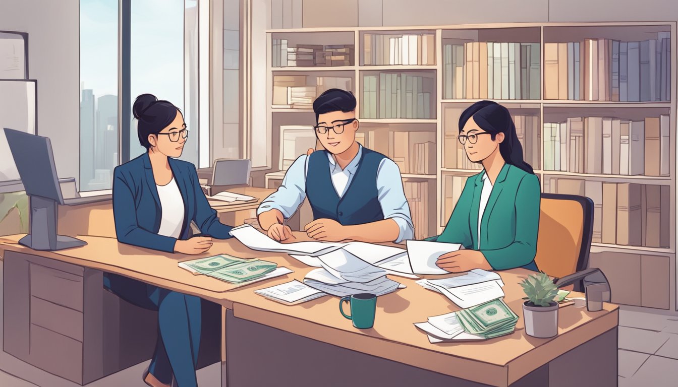 A couple sits in a cozy office with a money lender in Singapore, discussing eligibility and requirements for a wedding loan. The lender explains the process, while the couple listens intently