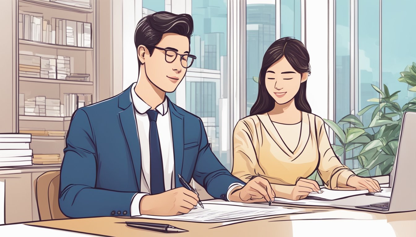 A couple sits at a desk filling out loan application forms. A money lender in Singapore reviews the paperwork and approves the wedding loan