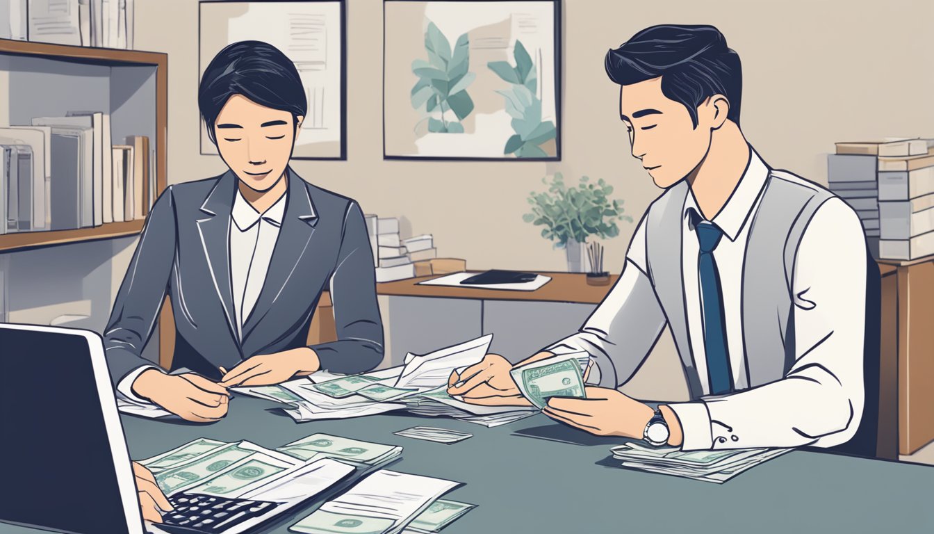 A couple sits at a desk with a money lender in Singapore, discussing wedding loan options and terms. Papers and a calculator are spread out in front of them