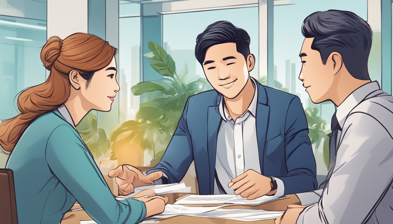 A couple sits at a table with a money lender in Singapore, discussing a wedding loan. Documents and financial papers are spread out, and the couple is engaged in a serious conversation