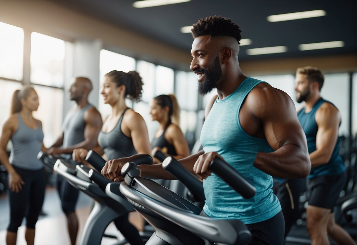 A diverse group of people engaging in various fitness activities at a gym, showcasing the flexibility and range of options available for members