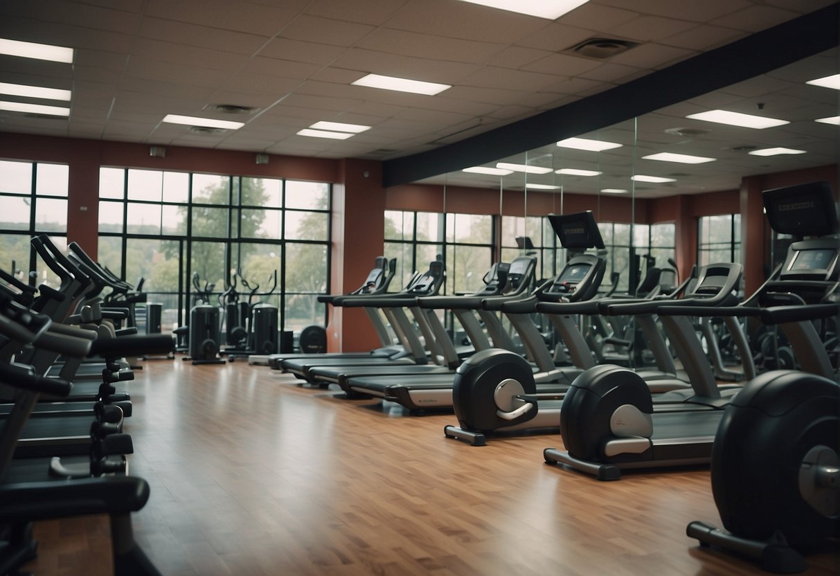 The gym is bustling with activity, filled with the sound of clanking weights and the hum of cardio machines. People are focused and determined, while others chat and encourage each other. The atmosphere is energetic and motivating