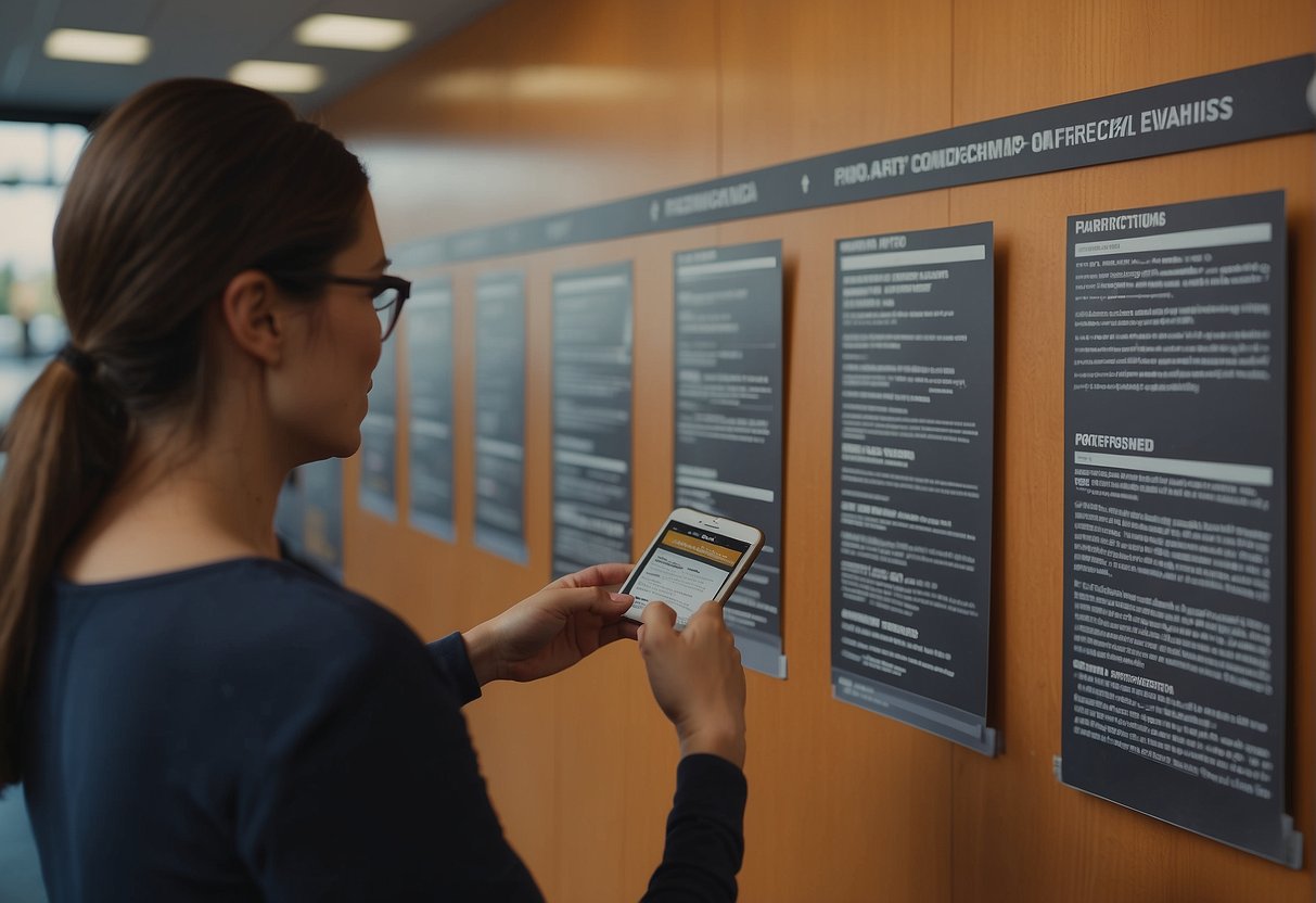 People reading reviews and recommendations for gym memberships. Considerations listed on a bulletin board