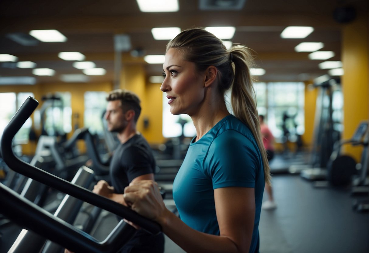People using various gym equipment, sweating and working out. Bright lights, energetic music, and the sound of weights clanging. A mix of cardio and strength training areas