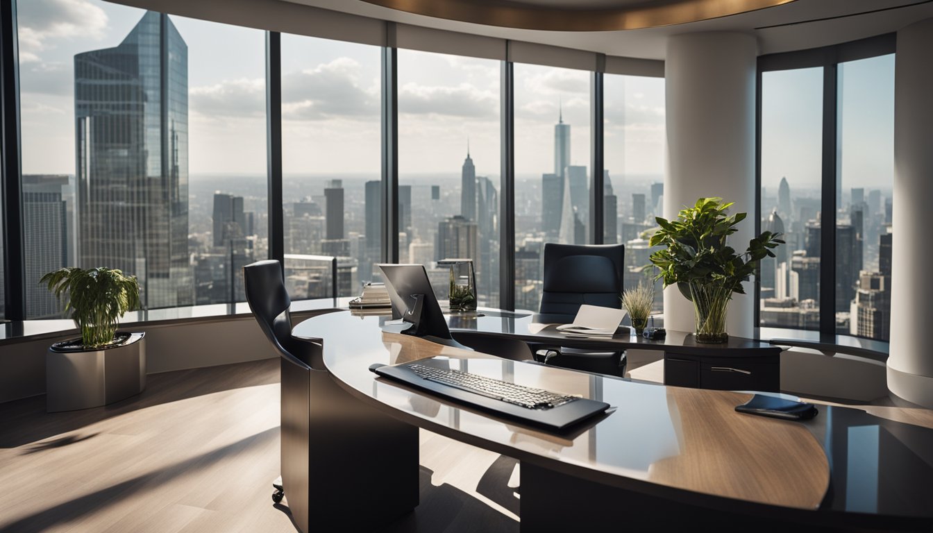 A luxurious office with a grand desk, adorned with awards and framed accolades. A large window overlooks a sprawling cityscape, showcasing success