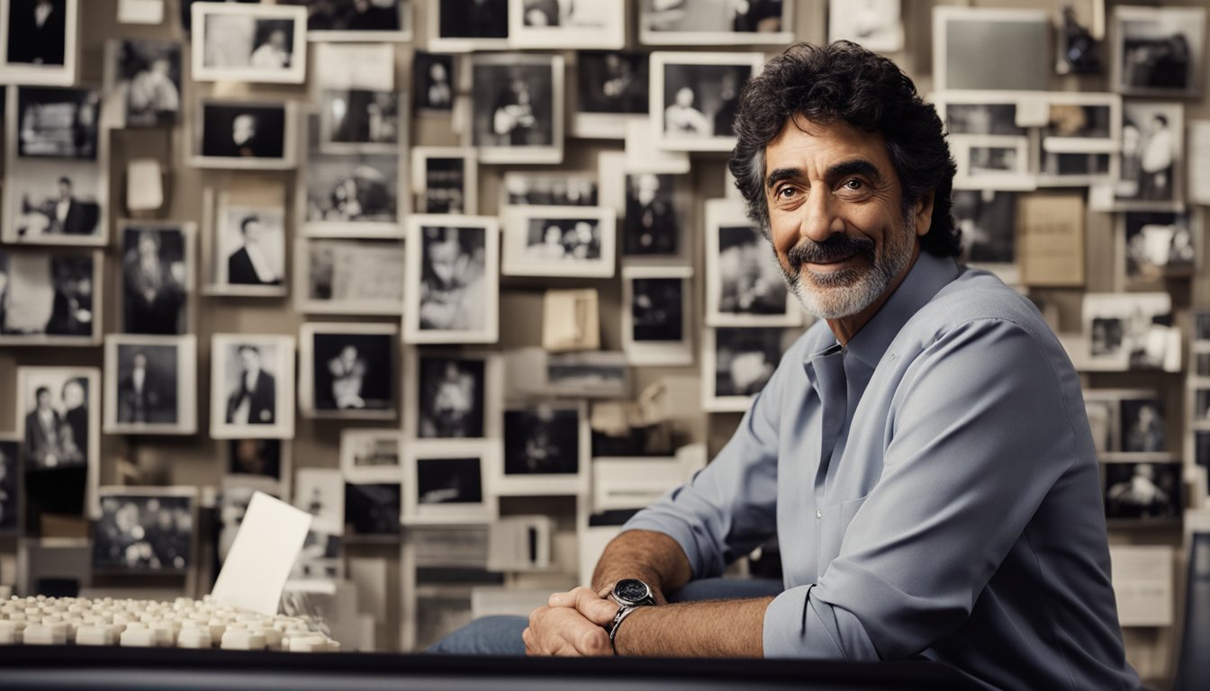 Chuck Lorre's early life and career depicted through a series of milestones and achievements, showcasing his rise to success and accumulation of wealth