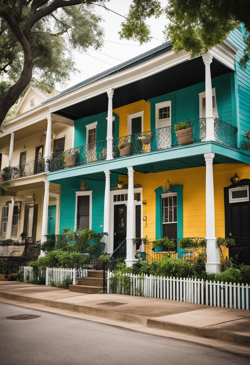 A row of colorful Shotgun Houses with spacious interiors and cozy porches, nestled in a quaint neighborhood in Waco, perfect for large group vacations