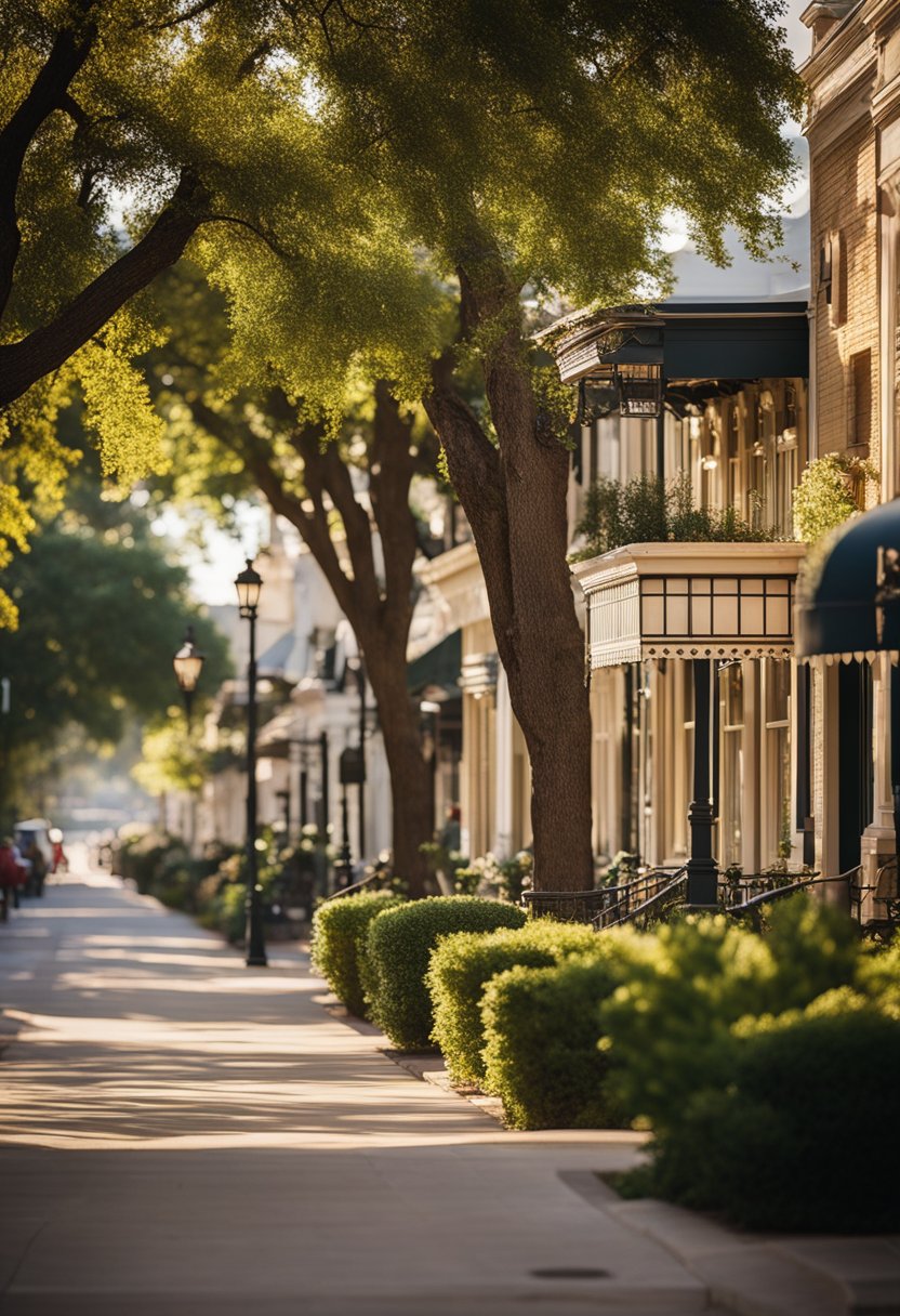 A bustling 1920s downtown street in Waco, bathed in sunlight, with charming gem-like vacation homes for large groups