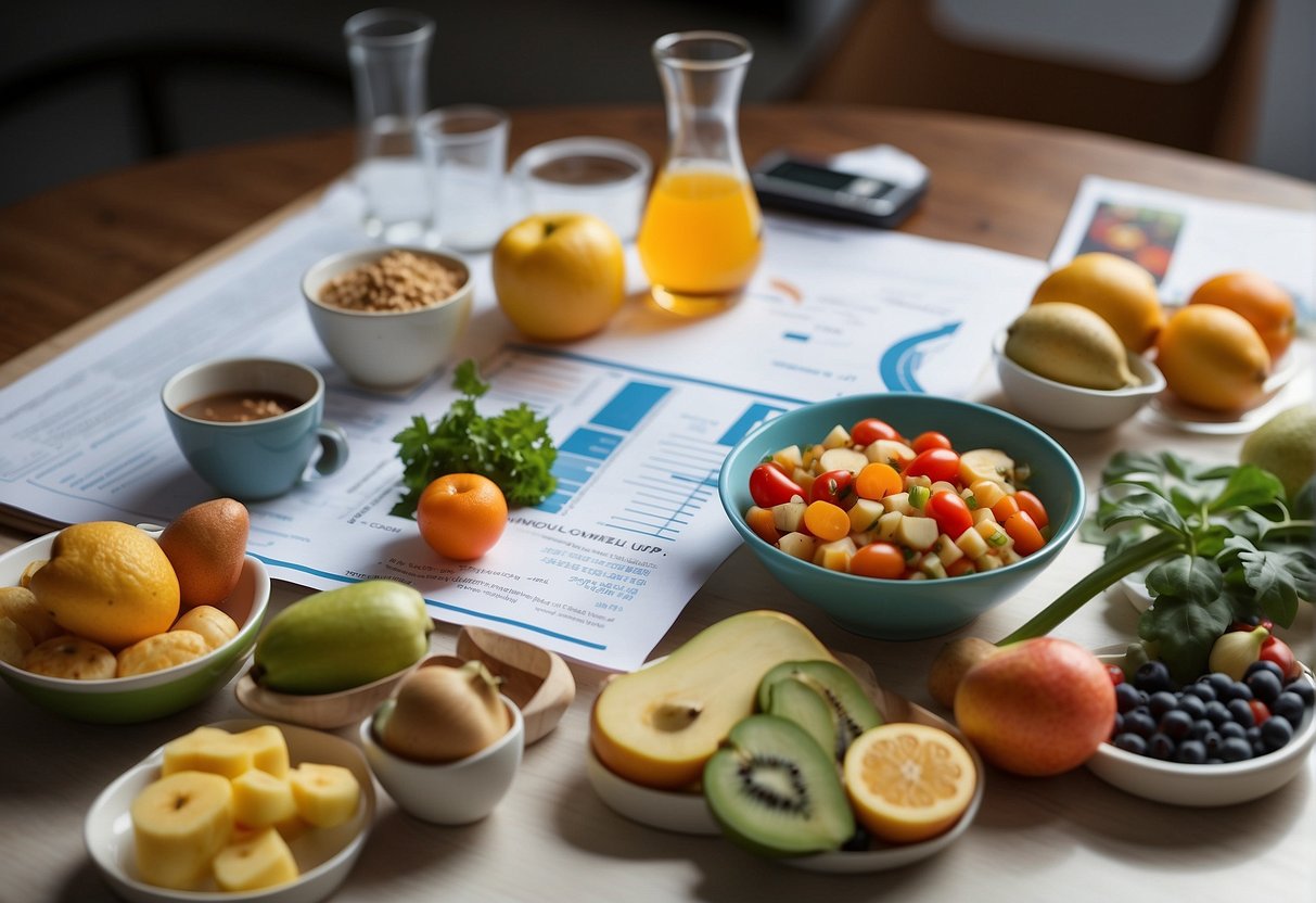 A table with various healthy foods and a diagram of the metabolism process, surrounded by scientific equipment and research papers