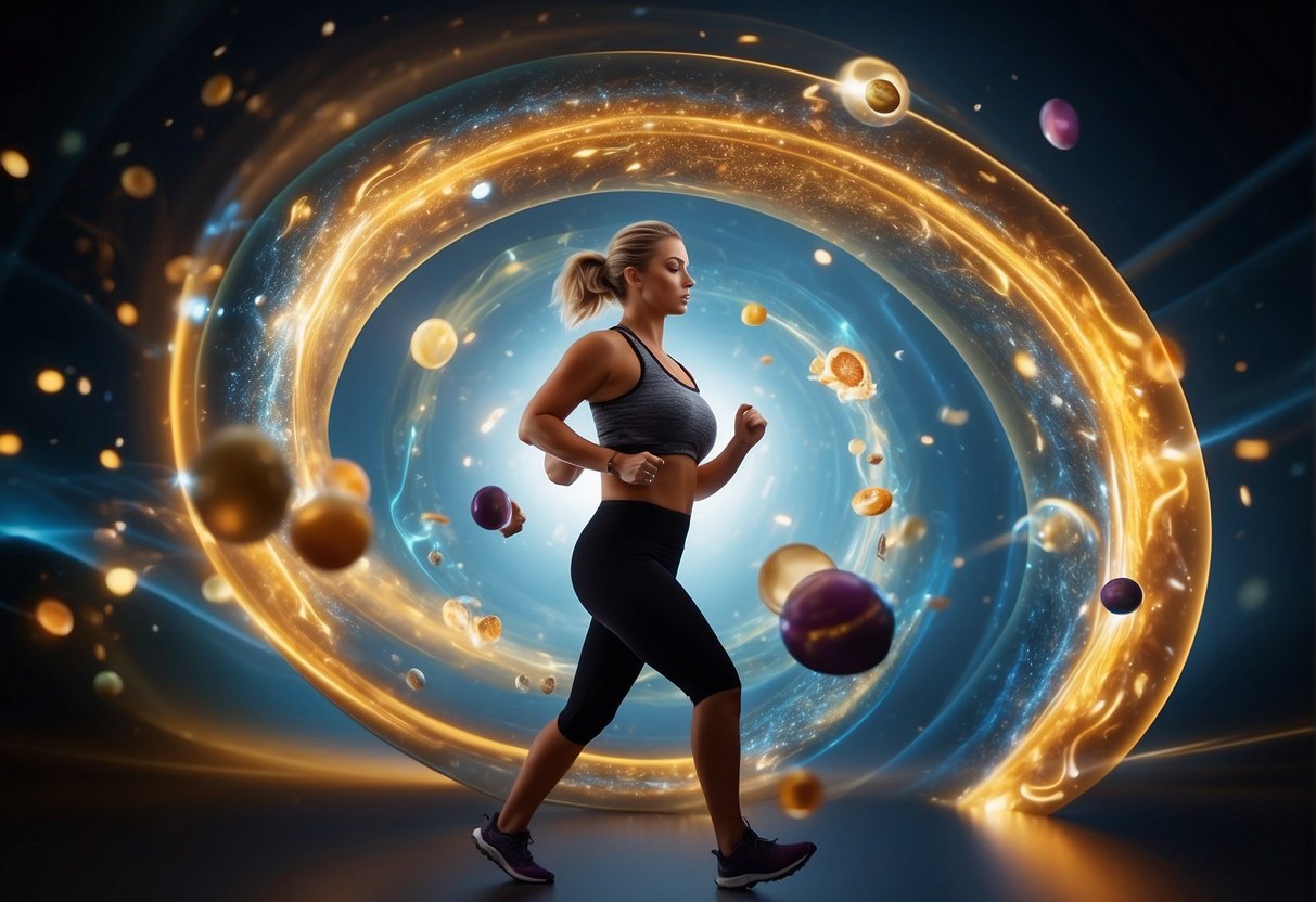 A glowing, swirling energy vortex symbolizing enhanced metabolism for weight loss. Surrounding it are various food items and exercise equipment, all being drawn into the vortex, representing the body's utilization of energy for weight loss